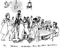 Stirner, hier stehend, rauchend und eine Hand auf den Tisch legend dargestellt, war Mitglied der kurzlebigen Junghegelianer -Gruppe „ Die Freien“.